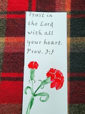 Handmade Bookmark with Red Carnation Watercolor and Bible Verse